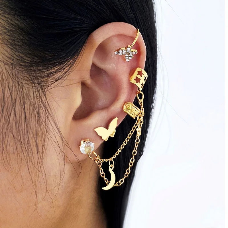 4PC Butterfly Clip Earrings - Gold Tassel Ear Cuff Set