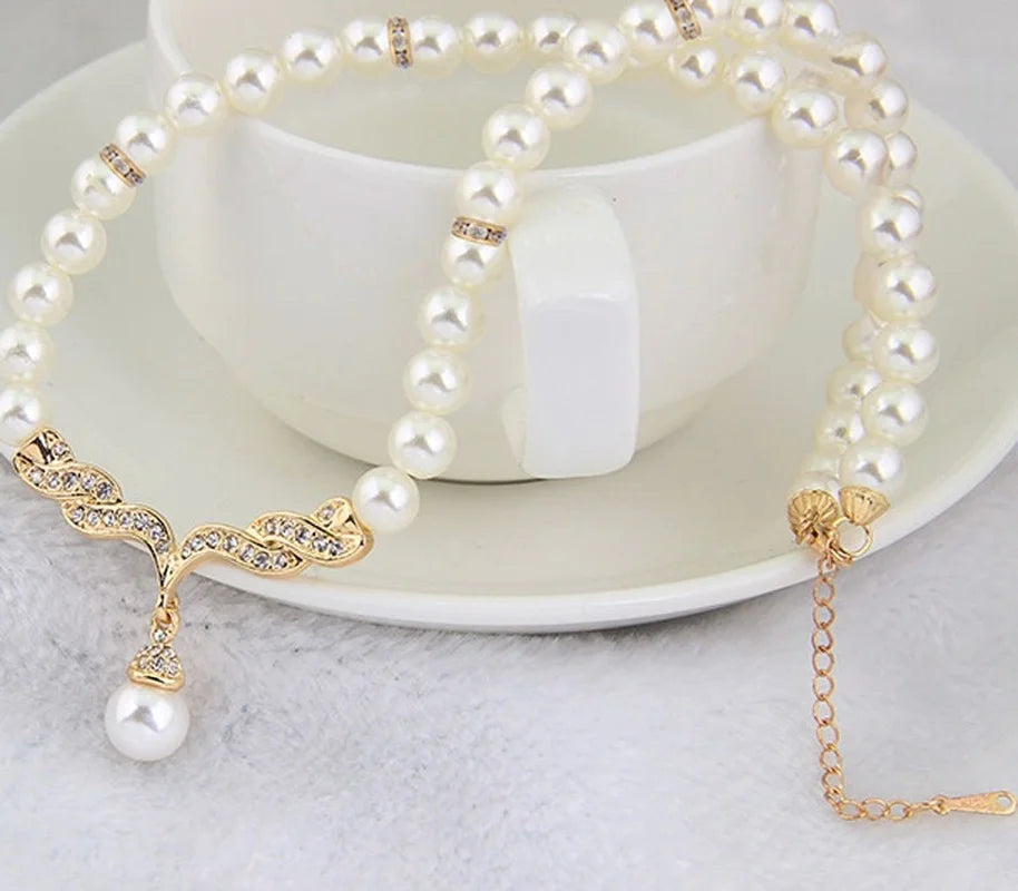 Gold Pearl Bridal Jewelry Set - Necklace & Earrings