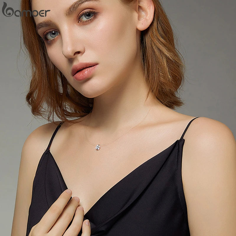 BAMOER Silver Invisible Chain Necklace - Rhinestone Fishing Line