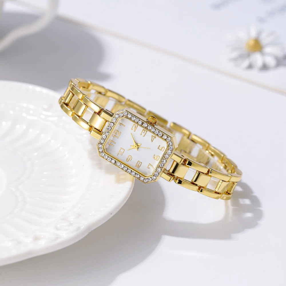 2025 Luxury Women's Watch - Square Full Diamond Gold Quartz