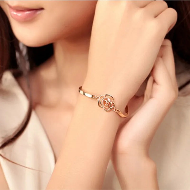 Rose Flower Bracelet - Gold Color Classic Bangle