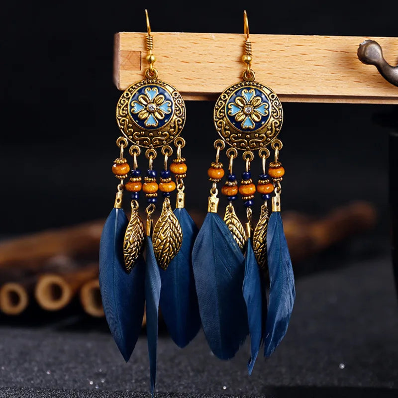 Bohemian Carved Leaf Feather Earrings - Vintage Tassel