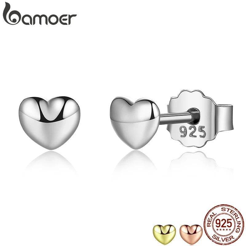 BAMOER 925 Silver Petite Plain Heart Stud Earrings - Small