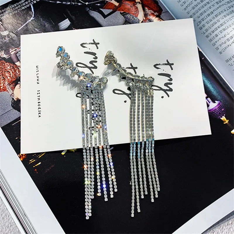 FYUAN Long Tassel Rhinestone Drop Earrings - Shiny Water Drop