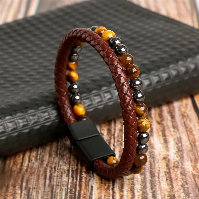 High Quality Tiger Eye Leather Bracelet - Multi-Layer Men's