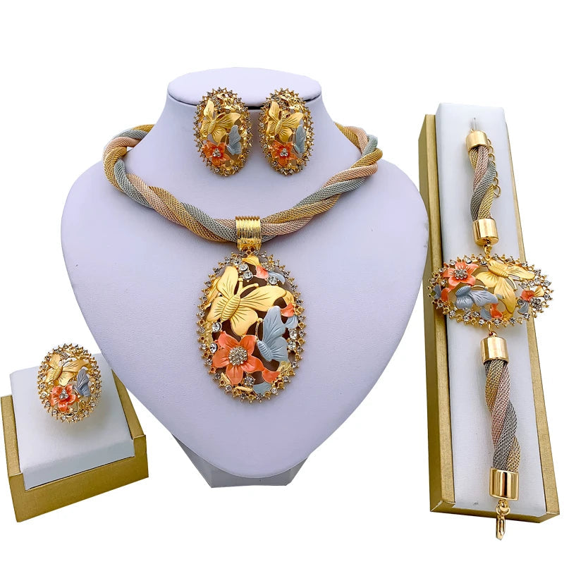 African Dubai Gold Jewelry Set - 4PC Wedding Bridal Flower