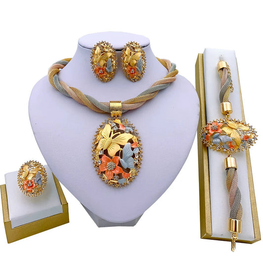 African Dubai Gold Jewelry Set - 4PC Wedding Bridal Flower
