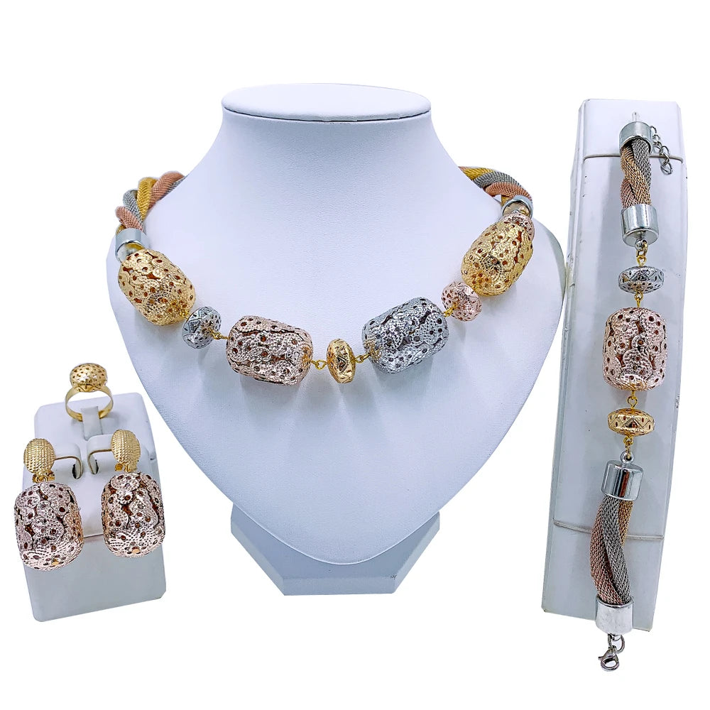 African Dubai Gold Jewelry Set - 4PC Wedding Bridal Flower