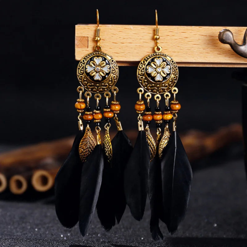 Bohemian Carved Leaf Feather Earrings - Vintage Tassel