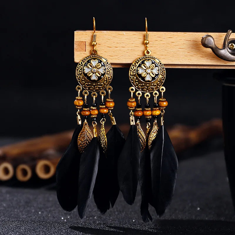 Bohemian Carved Leaf Feather Earrings - Vintage Tassel