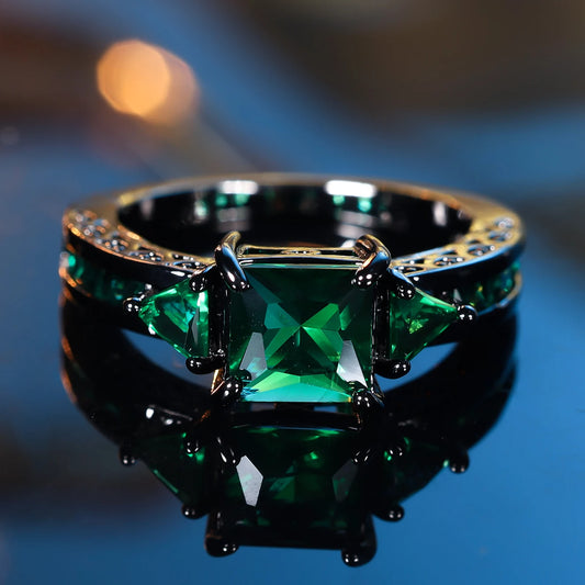 Green Square Zircon Ring - Vintage Black Gold