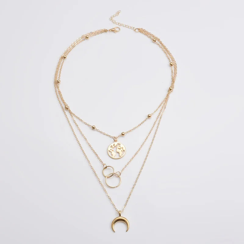 Fashion Retro Moon World Map Necklace - Multilayer Gold Circle