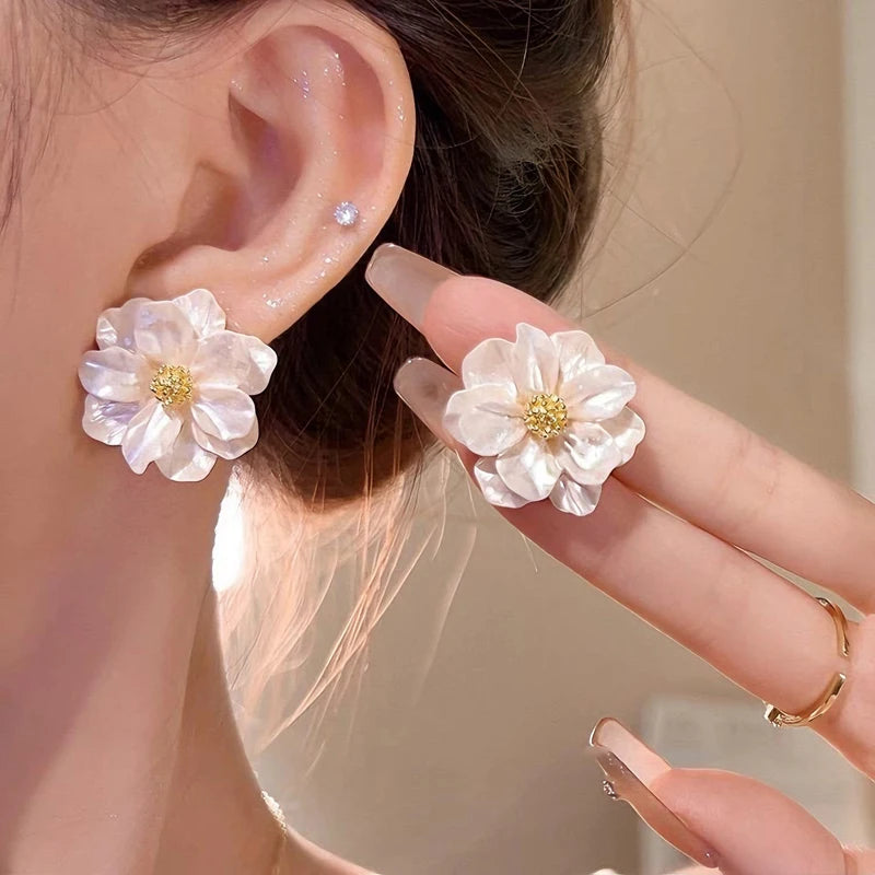 White Flower Stud Earrings - Double Layer Camellia Petals