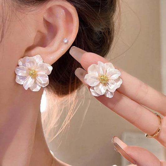 White Flower Stud Earrings - Double Layer Camellia Petals