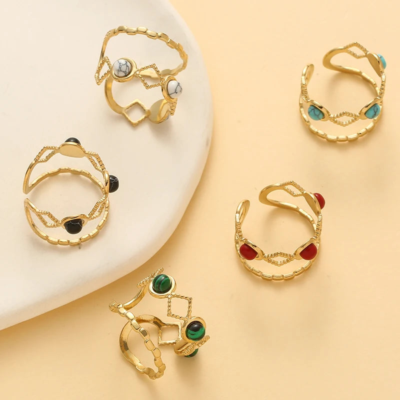 Hollow Out Natural Stone Ring - Stainless Steel Wide Band