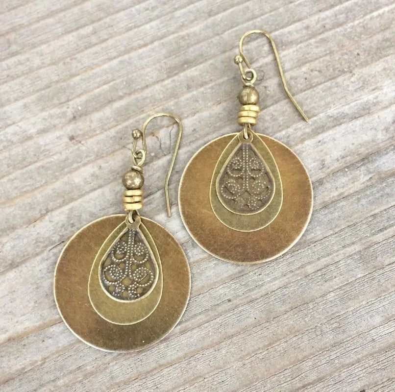 Ethnic Bronze Carved Earrings - Bohemian Distressed Beaded