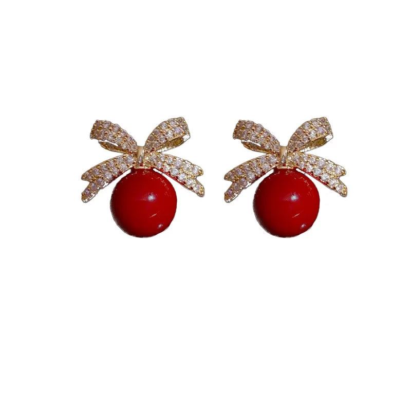 Rhinestone Bow Pearl Stud Earrings - Light Luxury Sparkle