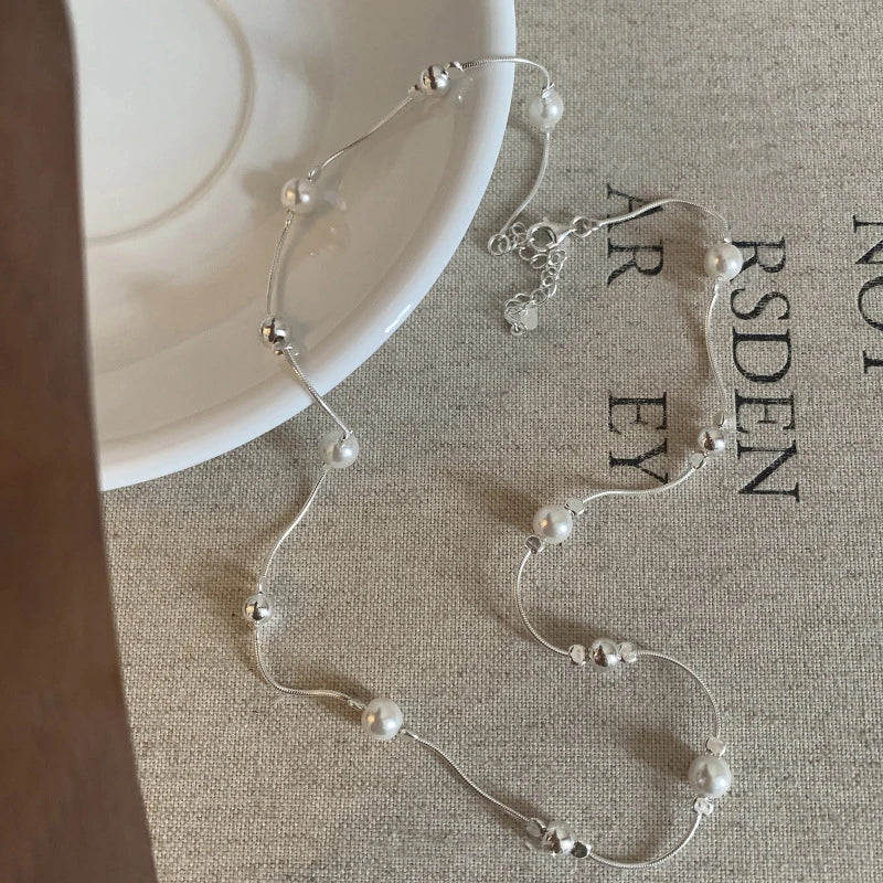 925 Silver Pearl Thin Chain Necklace - Trendy Simple Elegant