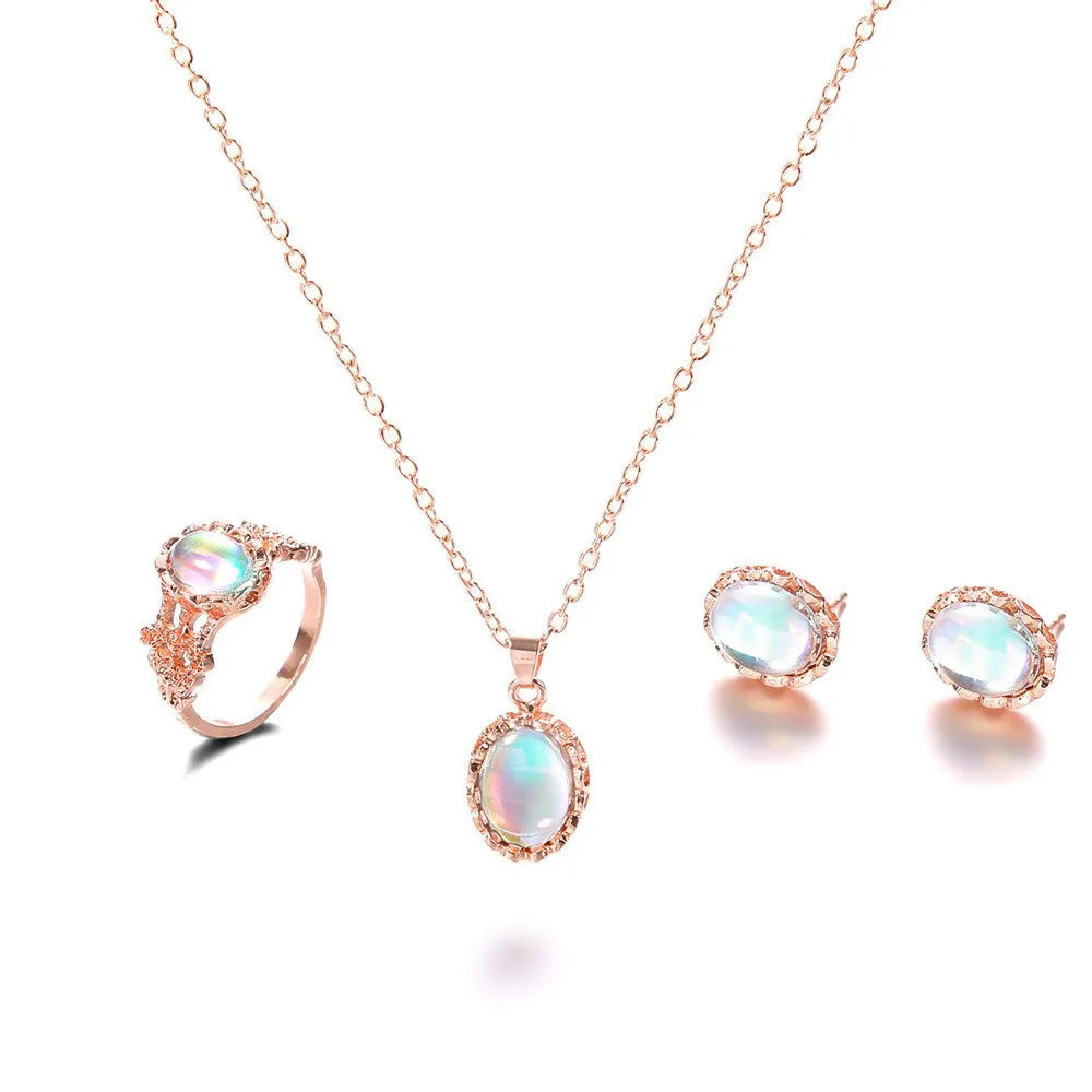 Blue Crystal Jewelry Set - Ring Necklace Earrings Wedding