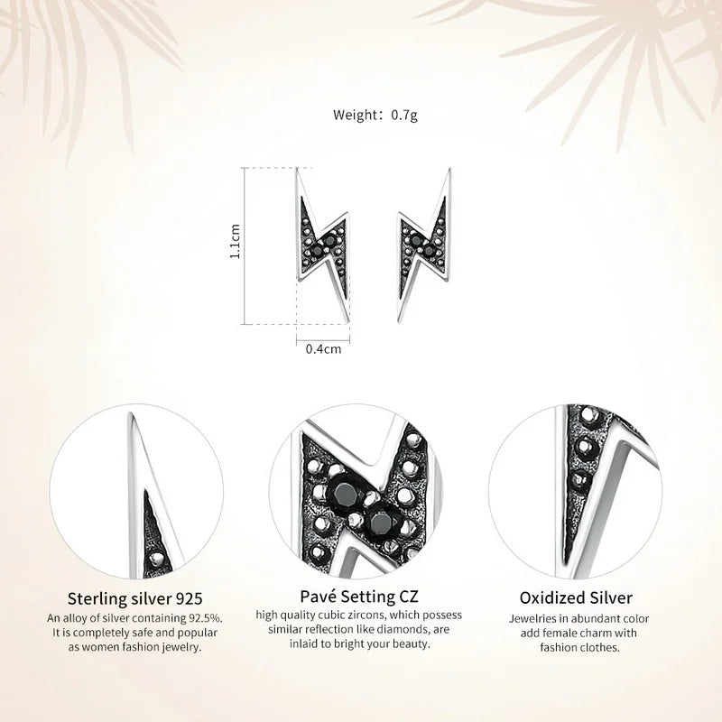 BAMOER 925 Silver Lightning & Black CZ Stud Earrings - Exquisite