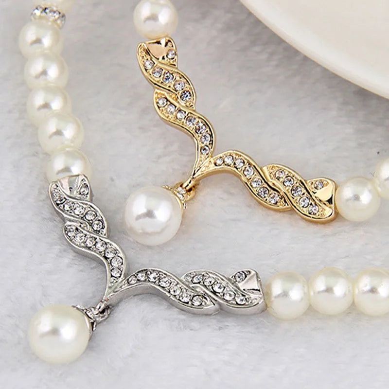 Gold Pearl Bridal Jewelry Set - Necklace & Earrings