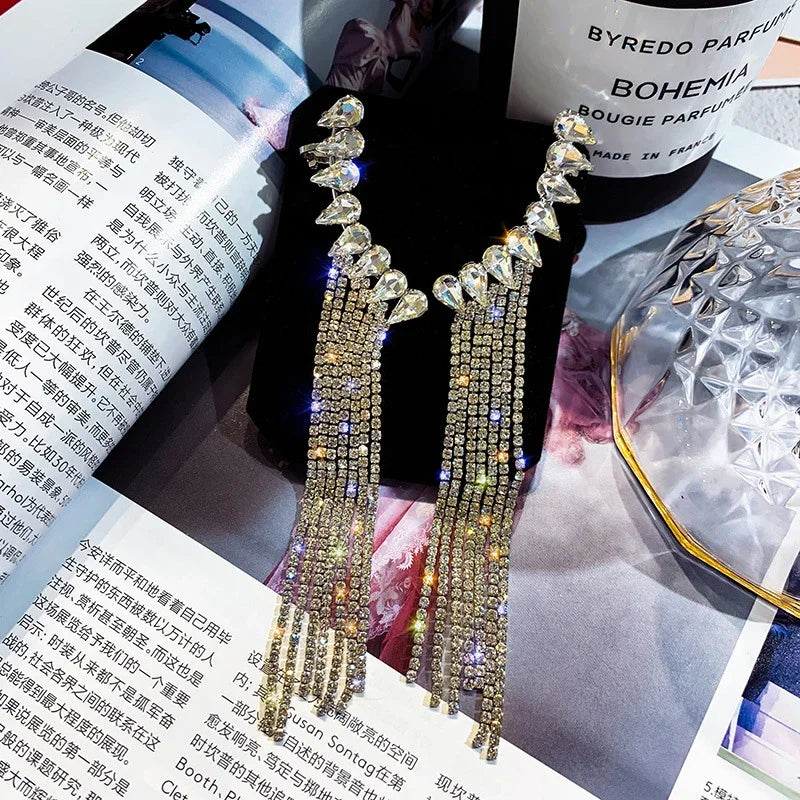 FYUAN Long Tassel Rhinestone Drop Earrings - Shiny Water Drop