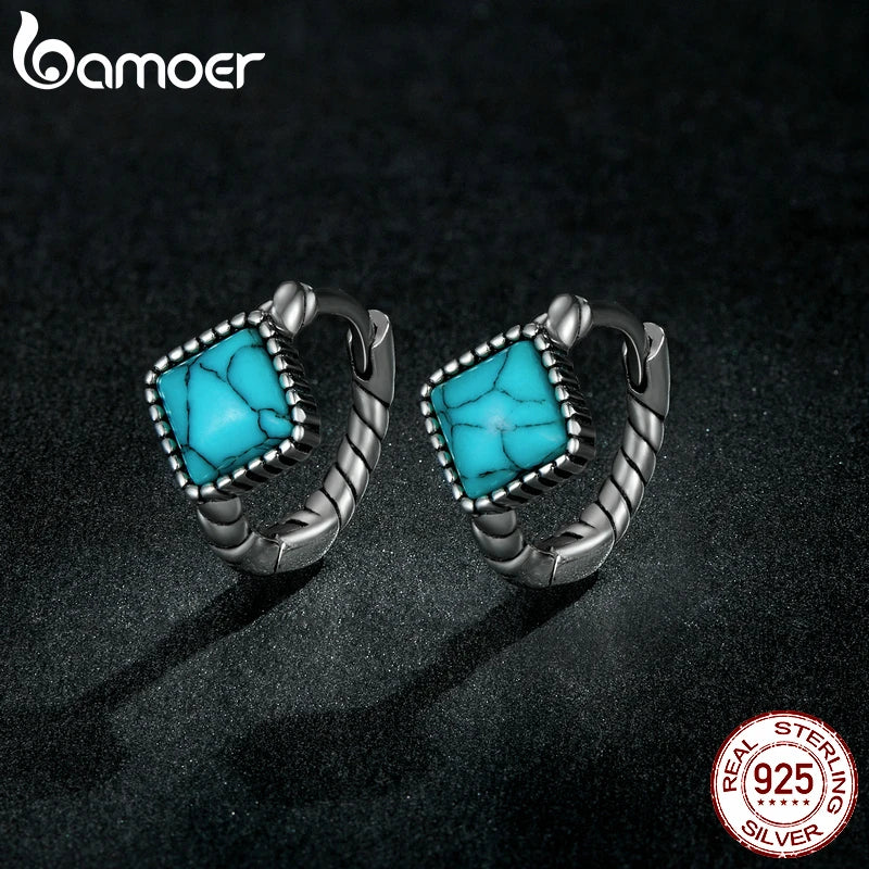 BAMOER 925 Silver Blue Turquoise Hoop Earrings - Square Twist