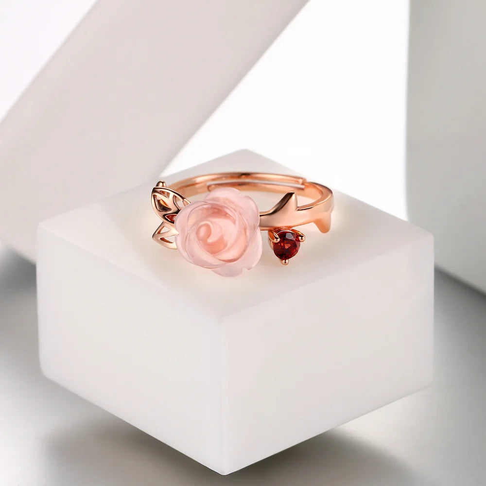 MoBuy Rose Quartz Flower Ring - 925 Silver Gold Plated