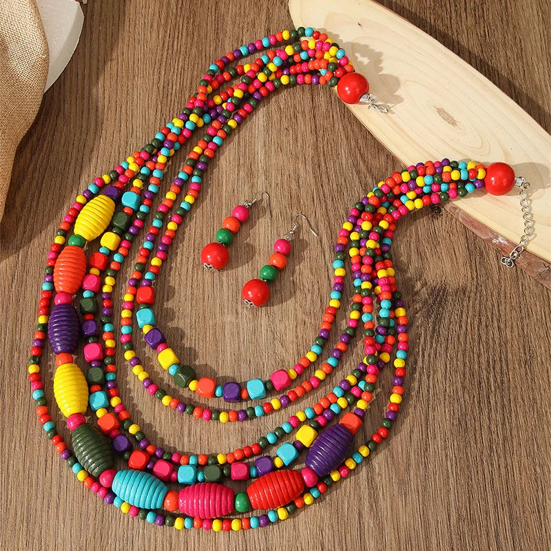Colorful African Wooden Bead Jewelry Set - Multi-Layer Bohemian