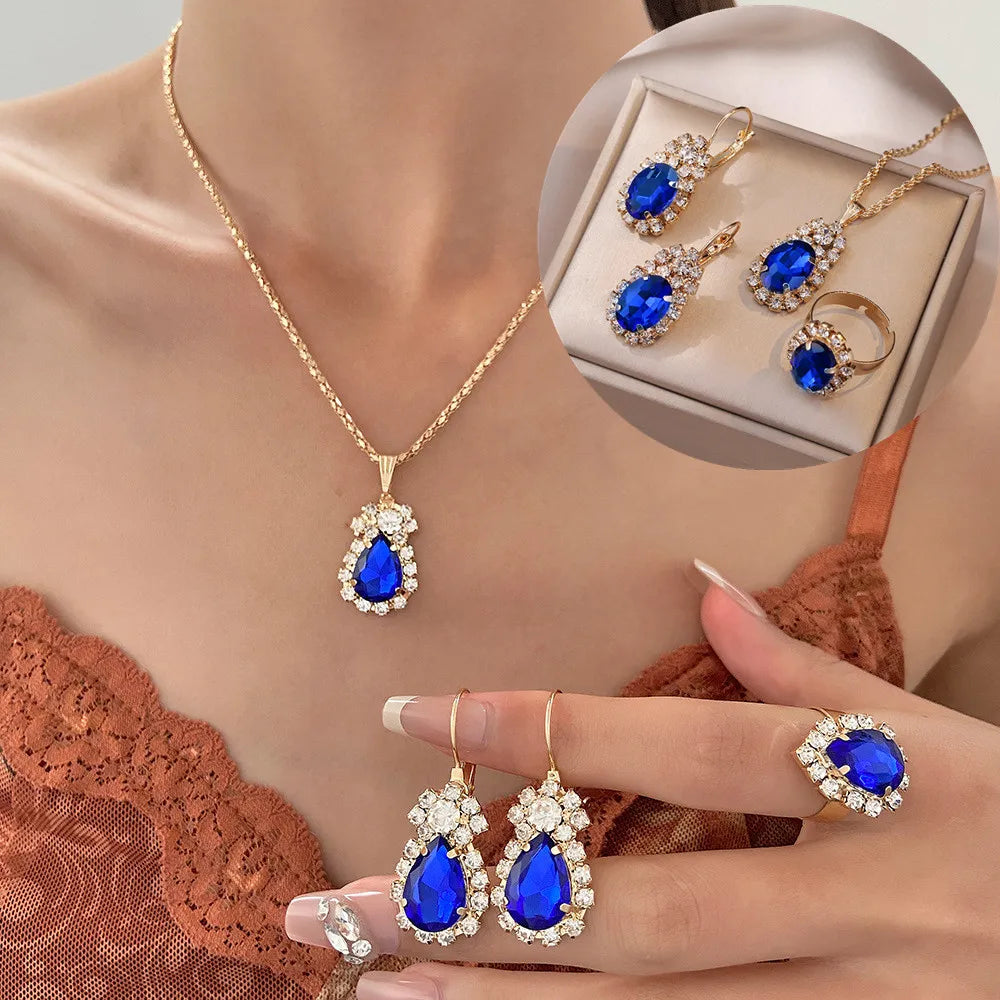 Blue Crystal Jewelry Set - Ring Necklace Earrings Wedding