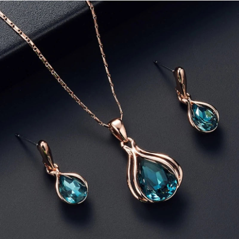 Blue Green Water Drop Jewelry Set - Geometric Design