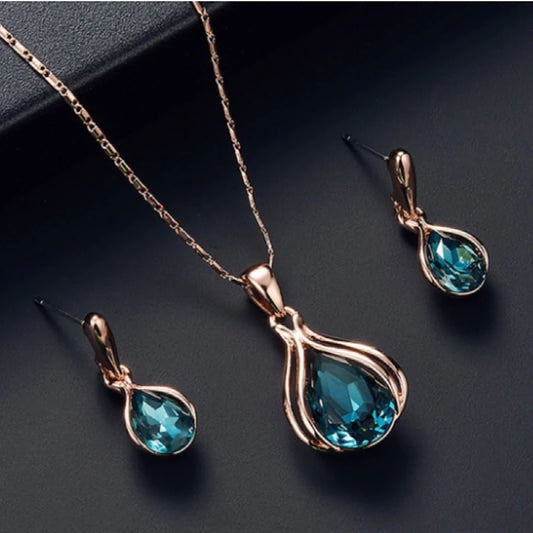 Blue Green Water Drop Jewelry Set - Geometric Design