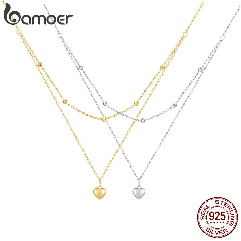 BAMOER 925 Silver Heart Necklace - Gold Double Layer Choker