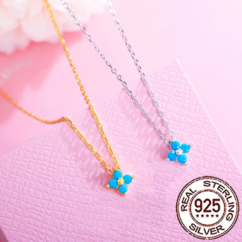 QooLady 925 Silver Four-Leaf Turquoise Necklace - Lucky Blue