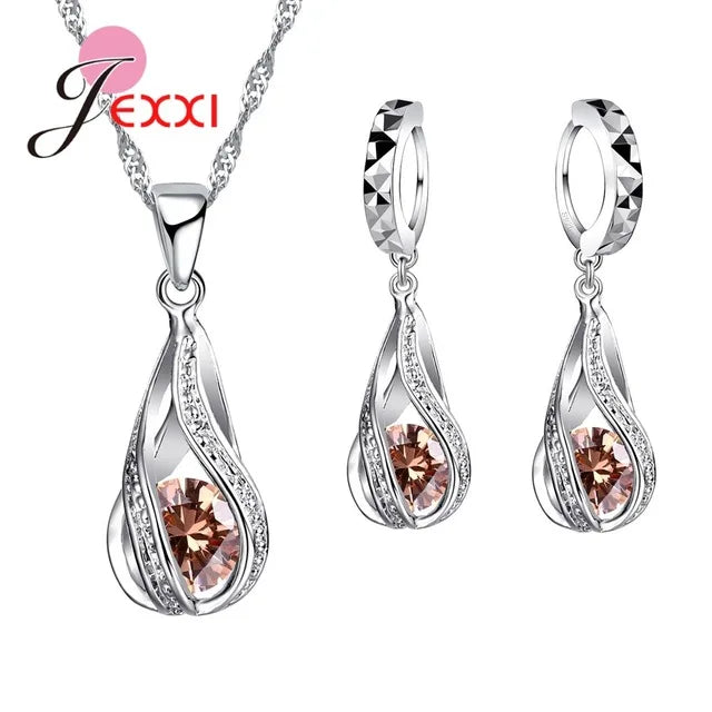 925 Sterling Silver CZ Jewelry Set - Water Drop Design