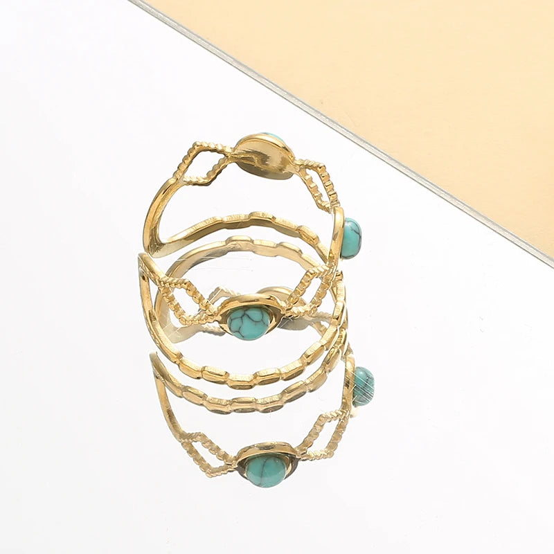 Hollow Out Natural Stone Ring - Stainless Steel Wide Band