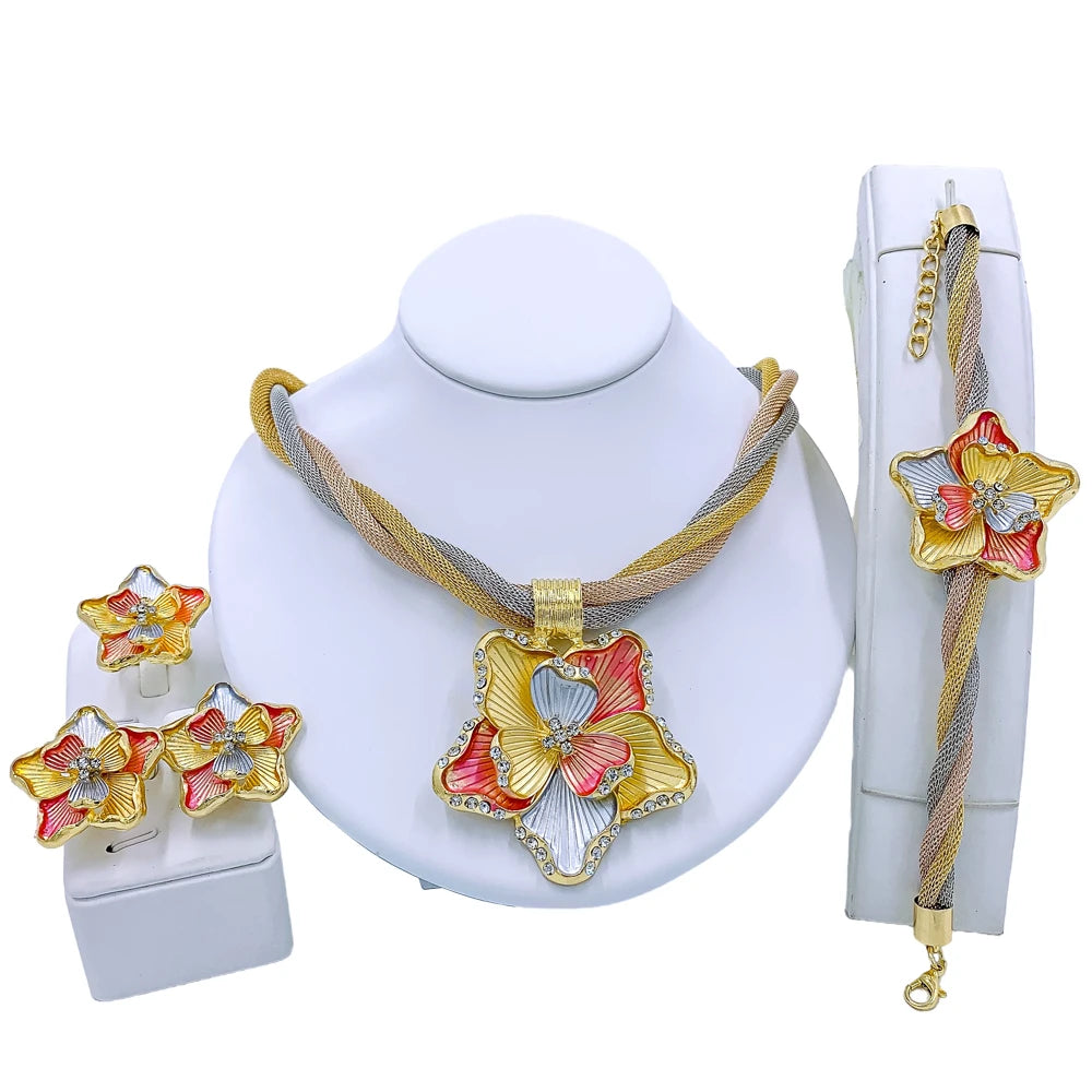 African Dubai Gold Jewelry Set - 4PC Wedding Bridal Flower