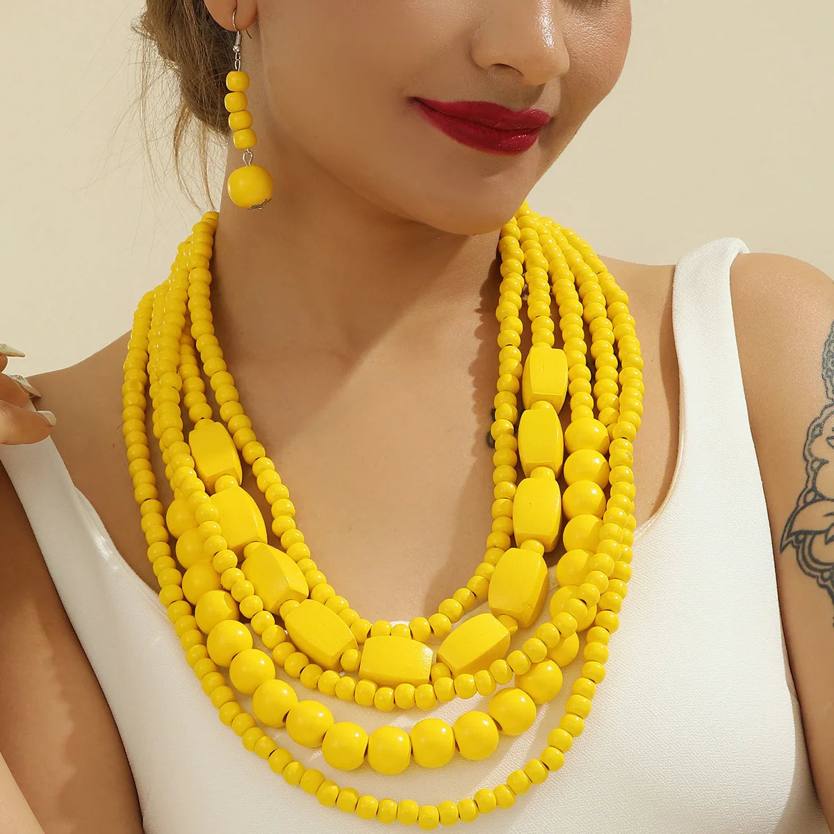 Colorful African Wooden Bead Jewelry Set - Multi-Layer Bohemian