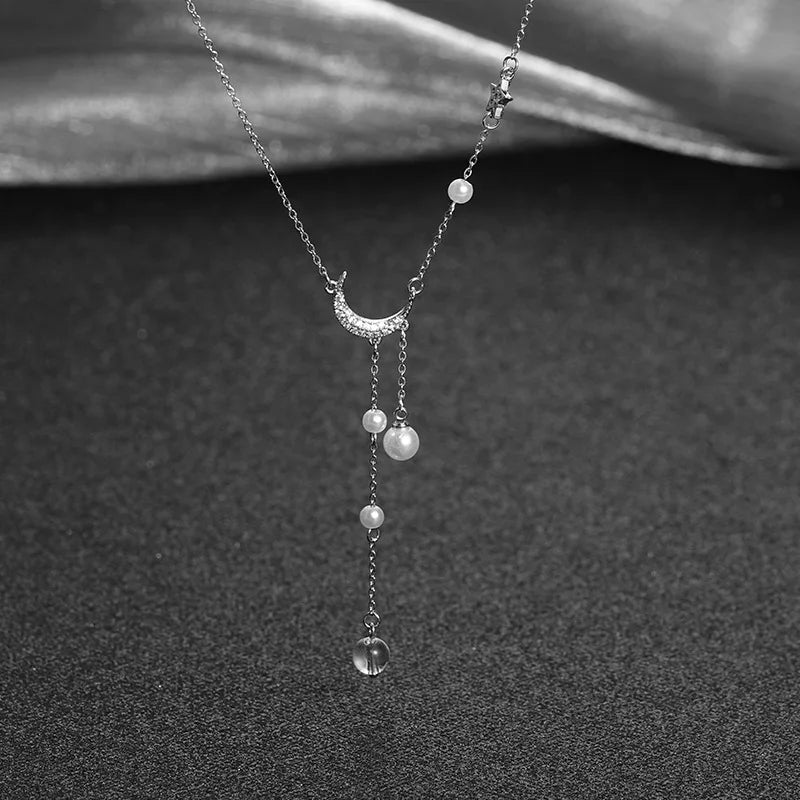 925 Silver Star Moon Pearl Necklace - Tassel Zircon Wedding