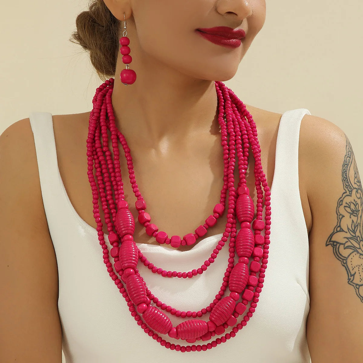 Colorful African Wooden Bead Jewelry Set - Multi-Layer Bohemian