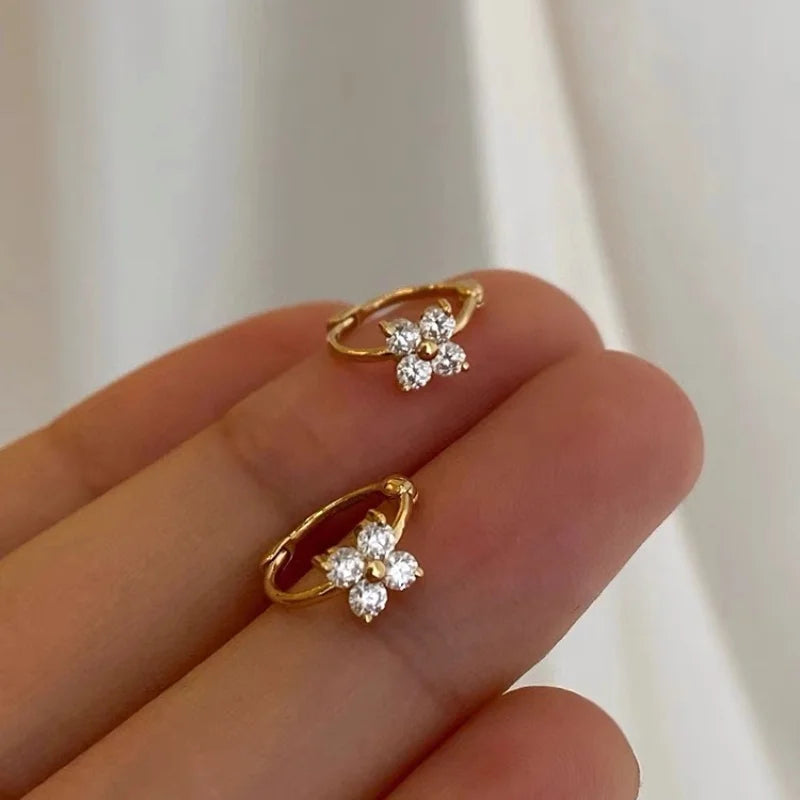 925 Silver Needle Shiny Zircon Stud Earrings - Gold Plating