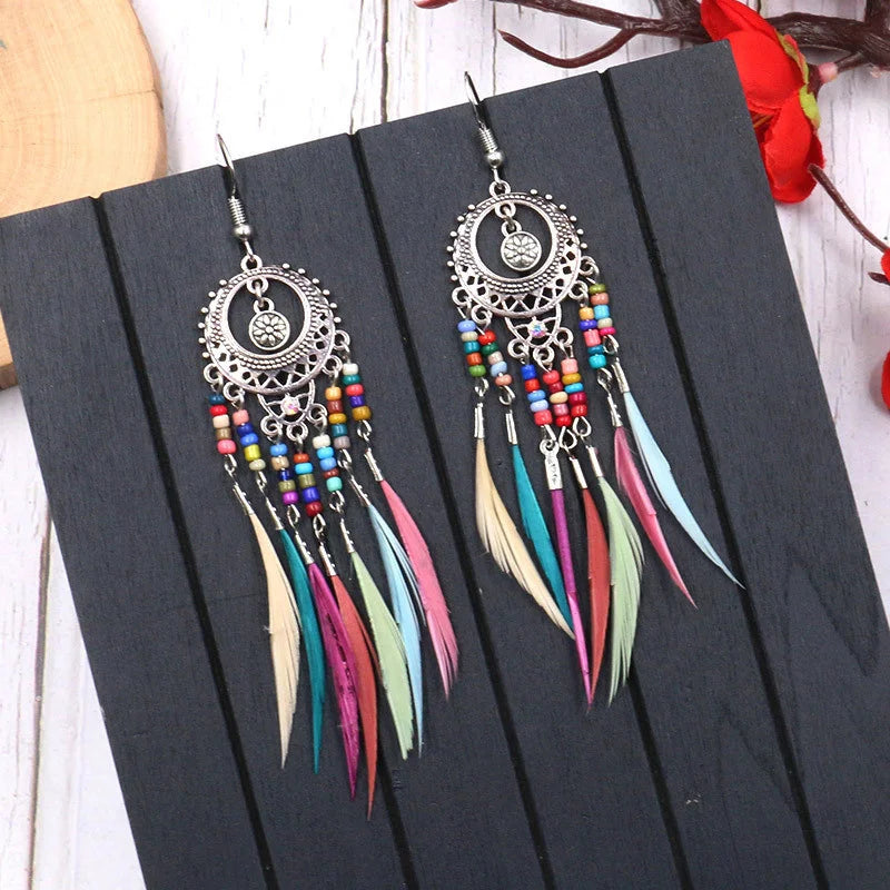 Bohemian Carved Leaf Feather Earrings - Vintage Tassel