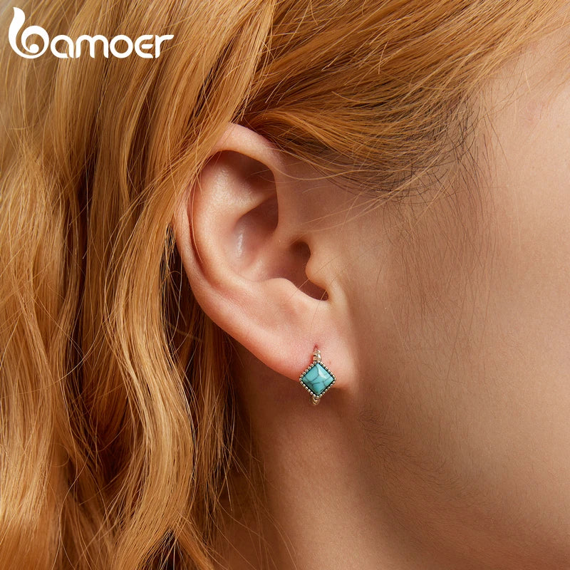 BAMOER 925 Silver Blue Turquoise Hoop Earrings - Square Twist