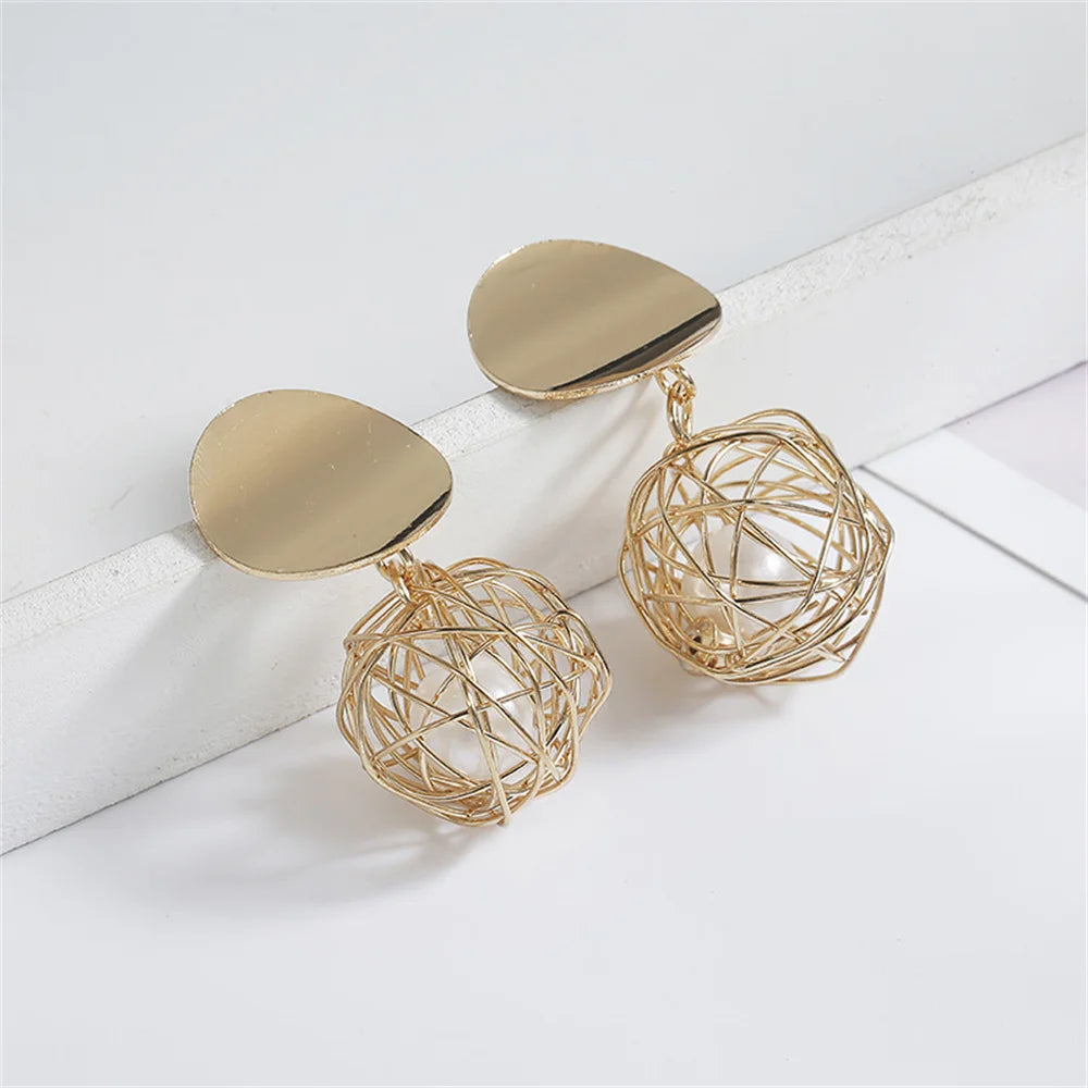 Trendy Twist Wire Ball Dangle Earrings - Golden Geometric