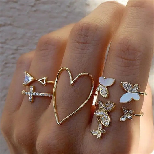 Korean Pearl Ring Set - Butterfly Hollow Heart