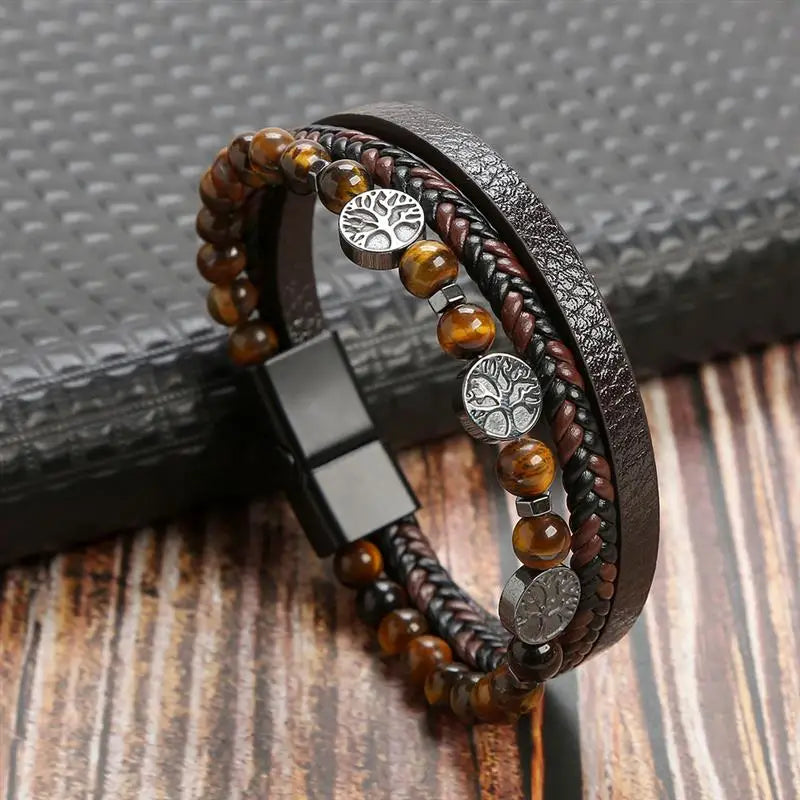 High Quality Tiger Eye Leather Bracelet - Multi-Layer Men's