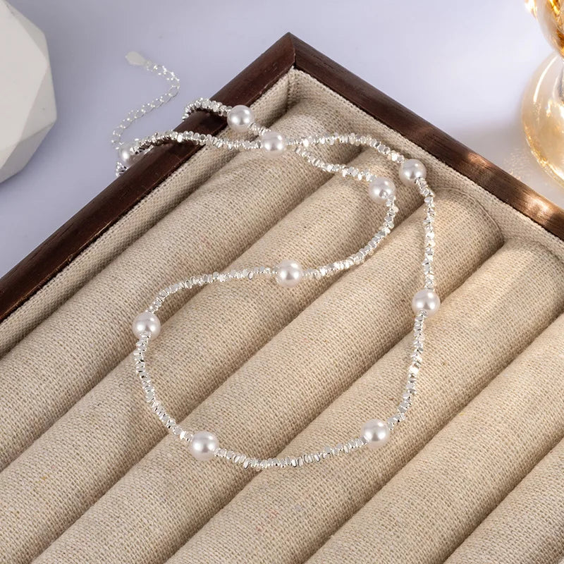 925 Silver Pearl Thin Chain Necklace - Trendy Simple Elegant