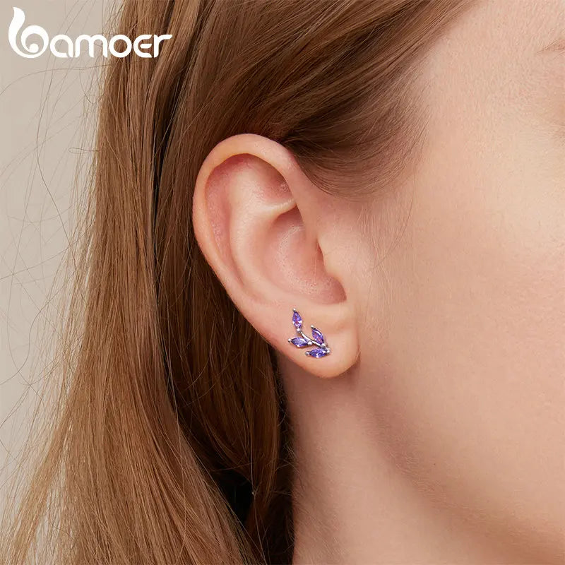 BAMOER 925 Silver Purple Branch Stud Earrings - Statement