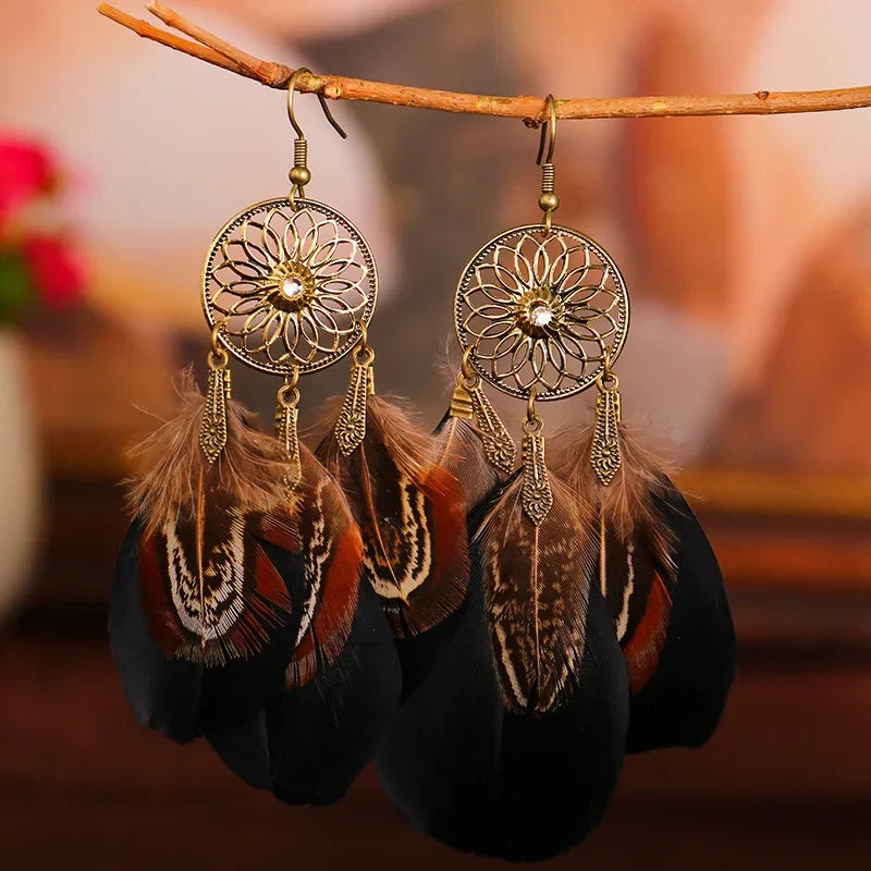 Bohemian Carved Leaf Feather Earrings - Vintage Tassel