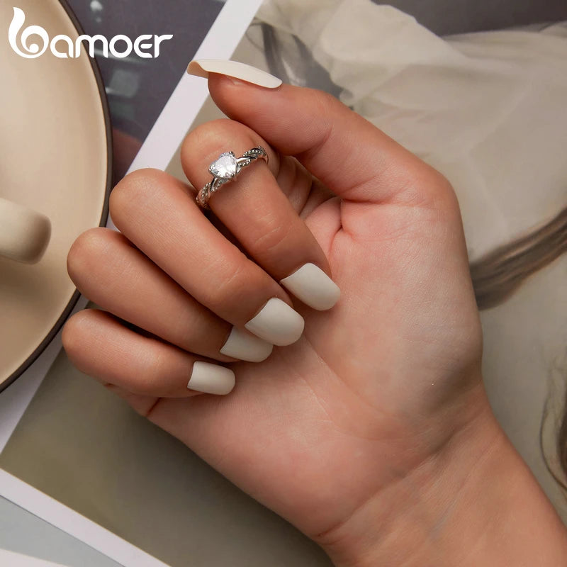 BAMOER 925 Silver Romantic Heart Ring - Shining Stone